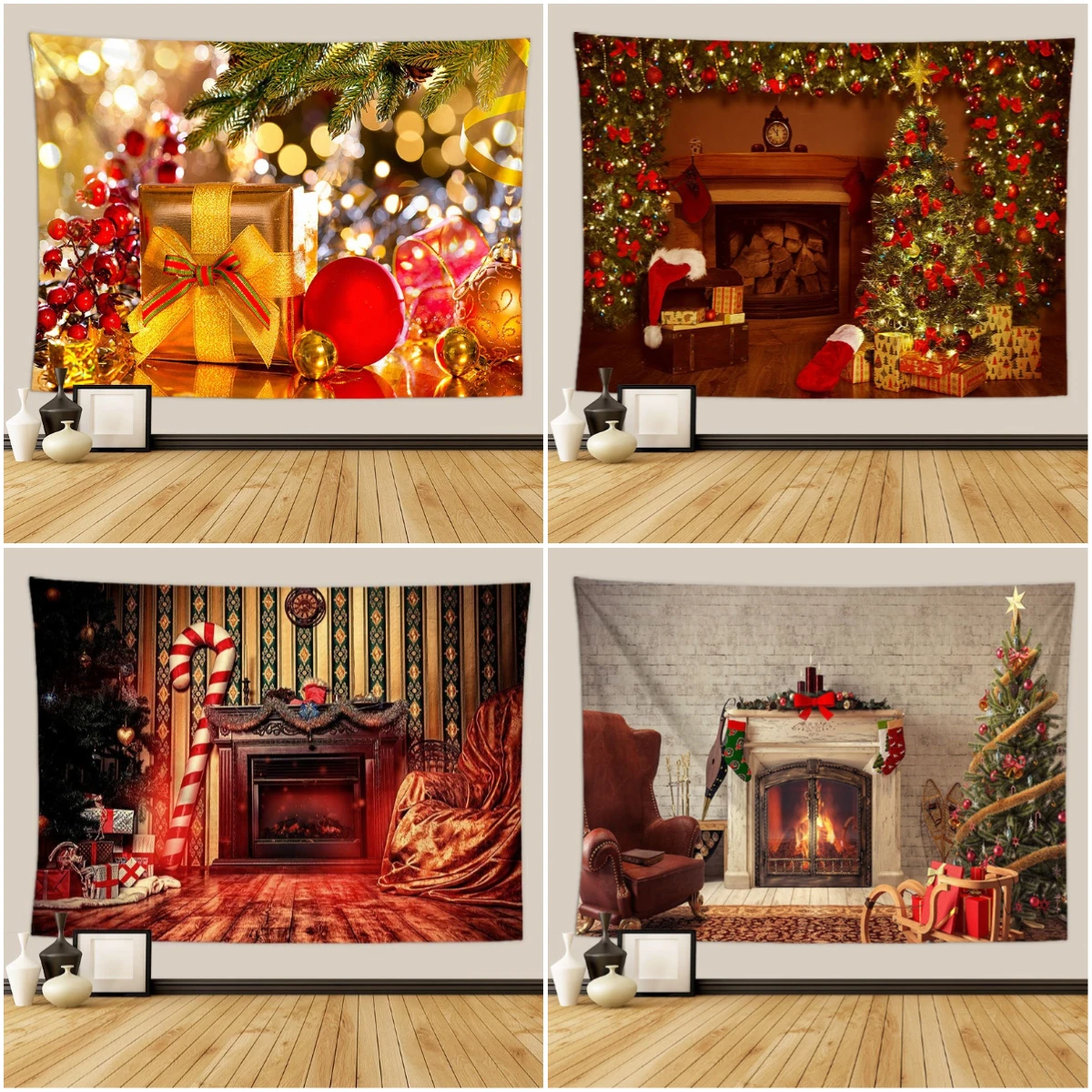 

Christmas Tree Gifts Happy New Year Tapestry Home Decor Fireplace Red Decor Bedroom Living Room Xmas Wall Hanging Tapestry Cloth