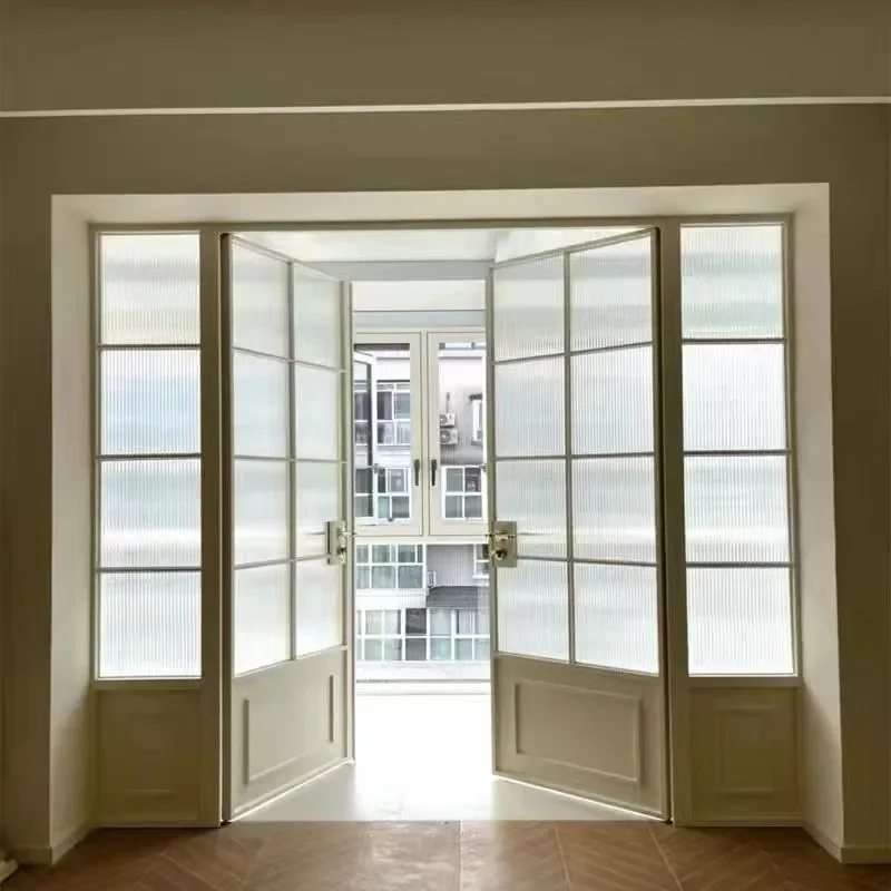 French Retro Ultra Narrow Wrought Iron Door with Tempered Glass Stainless Steel Frame for Living Room Balcony Study Kitchen