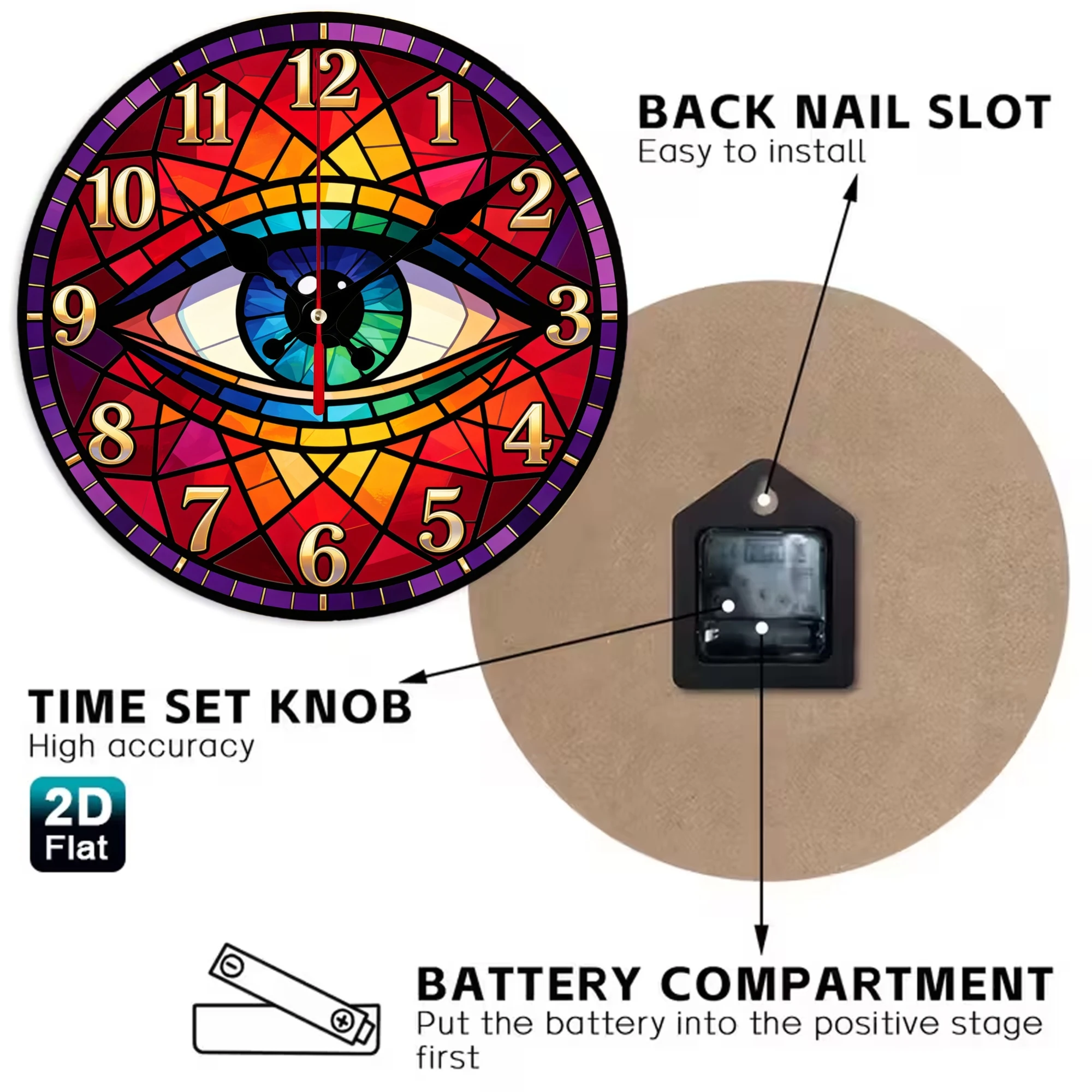 Stained Glass Rainbow All Seeing Eye Wooden Wall Clock, 10/12 Inch Round Wood Clock, Silent Non Ticking Quartz Movement, Colorful Mosaic Prism Pattern Printed Home Decor