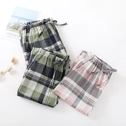 Couple's Plaid Pyjama Bottoms Men and Women Cotton Gauze Trousers Summer Elastic Waist Thin Loose Home Sleep Pants