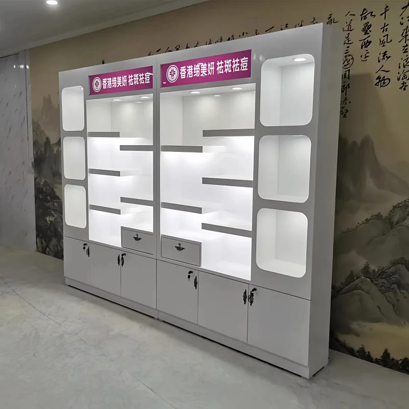 custom.Cosmetic Display Stand LED Lights Custom Shelves Glass Back Heavy Duty Multi-Tiered Retail Makeup Skincare D