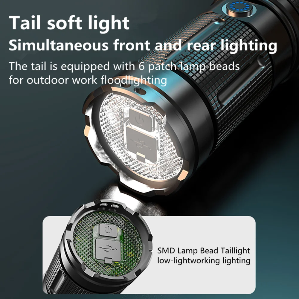 Most Powerful Spotlight Long Range LED Flashlight With SMD Tail Light Lantern Built-in Battery Type-C Charging Torch for Fishing