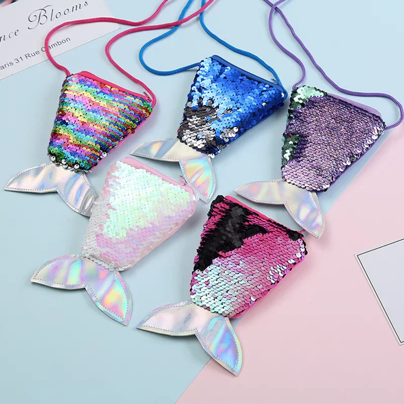 Mermaid Sequin Coin Purse, Mermaid Tail Wallets Glitter Reversible Sequins Wallet Bag Crossbody Bag for Children