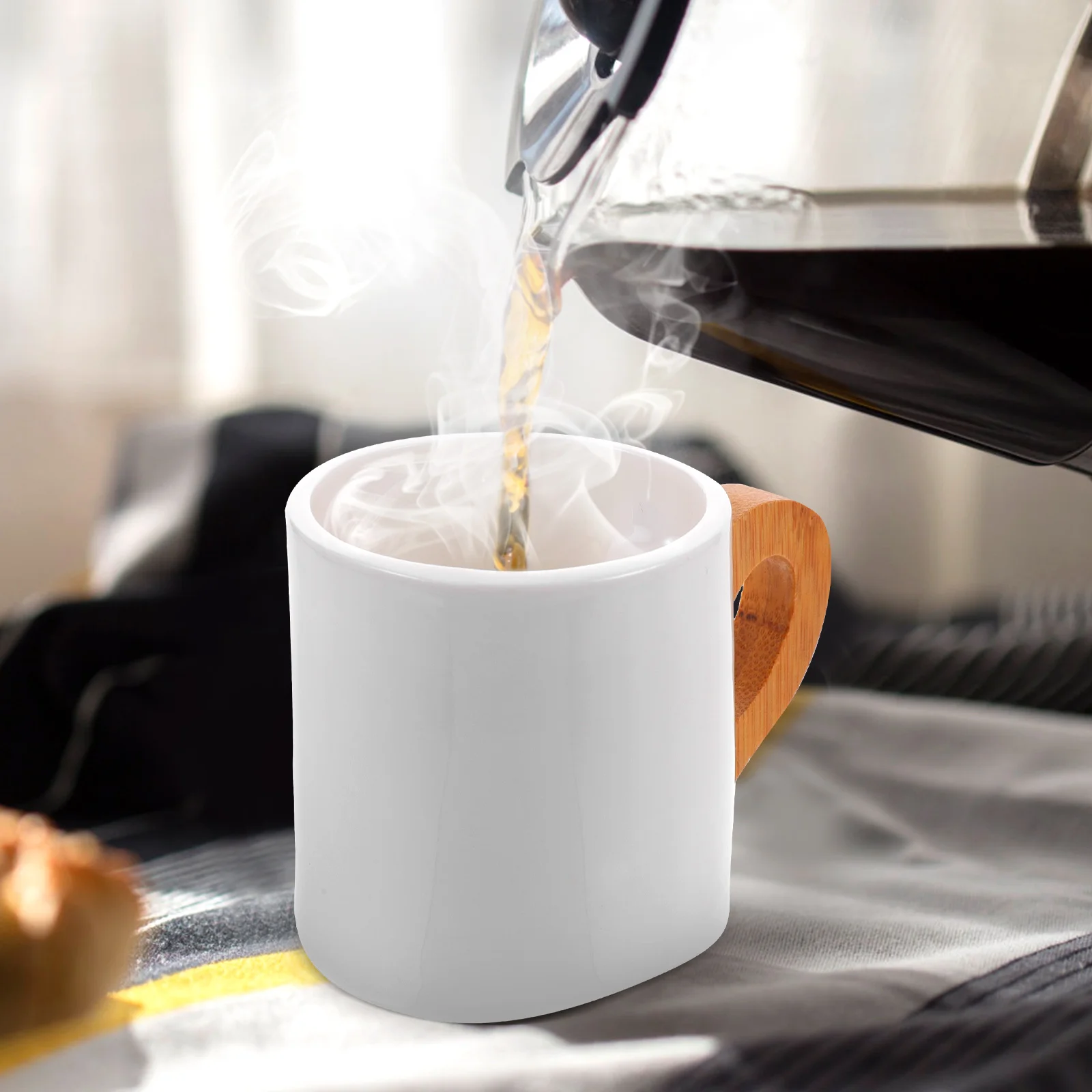 

Bamboo Handle Coffee Mug Cups Vintage White Ceramics Flat Bottom Espresso Cup Japanese Small Tea Cups