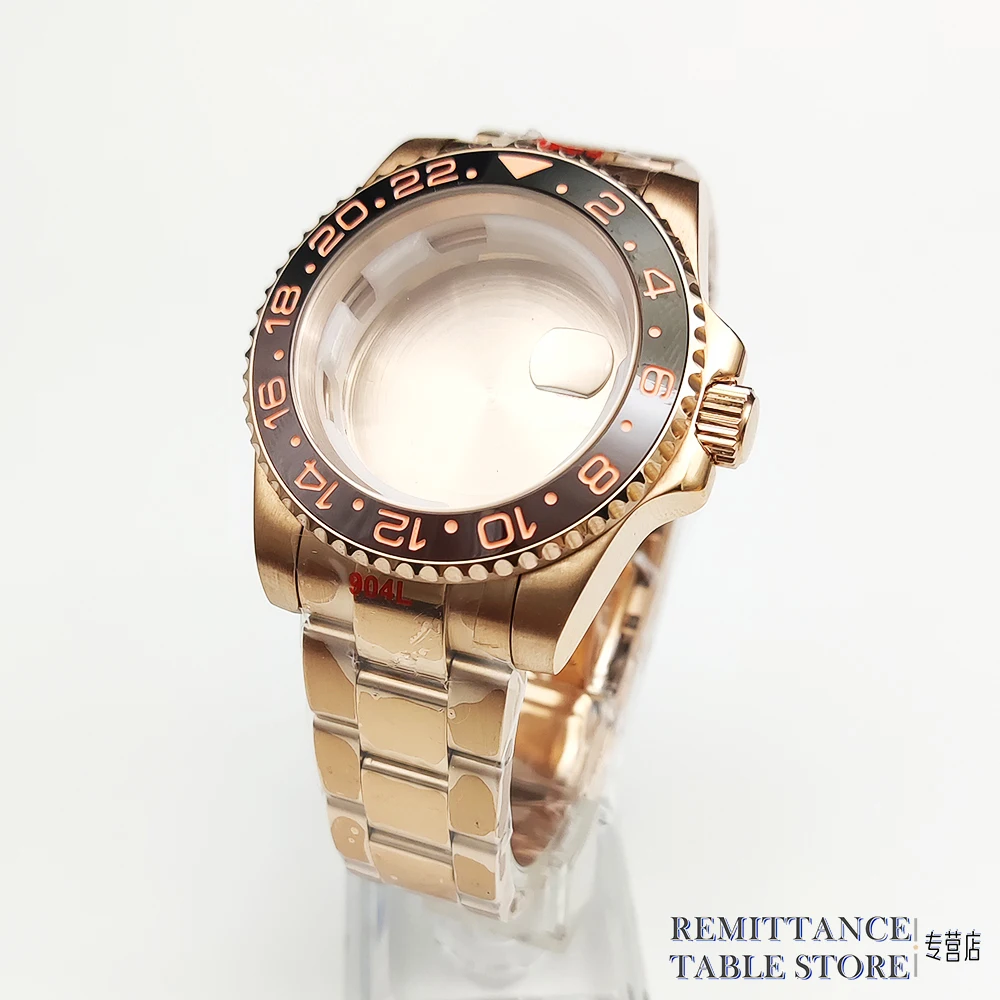 Watch Case 40mm Rose Gold Water Resistant Case Bracelet GMT Bezel Scratch Resistant Sapphire Glass for NH35 NH36 8205 8215