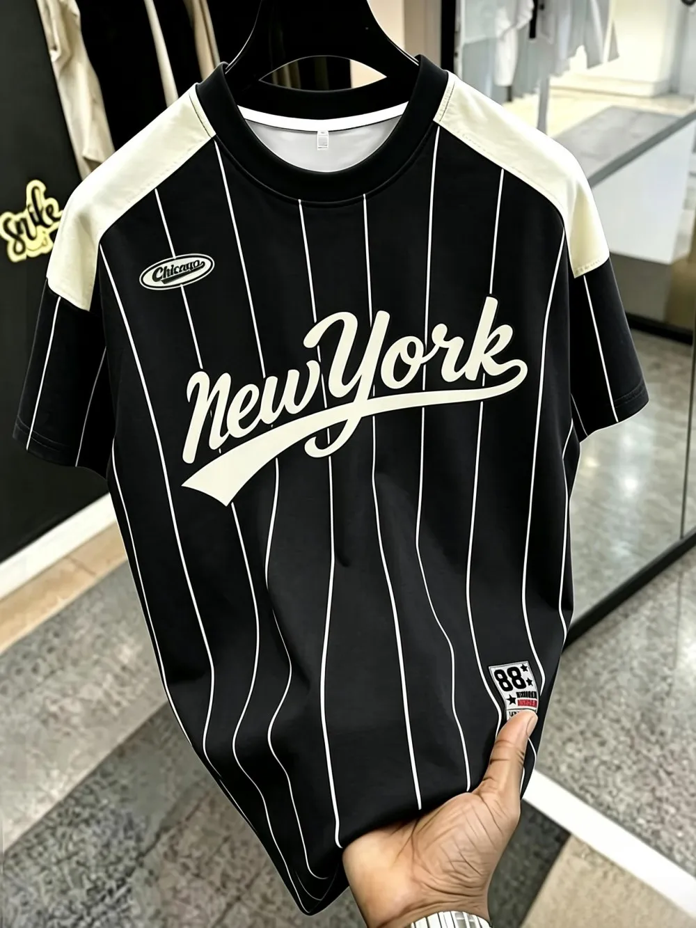 American men's summer retro New York striped letter print soft breathable round neck T-shirt outdoor street style top