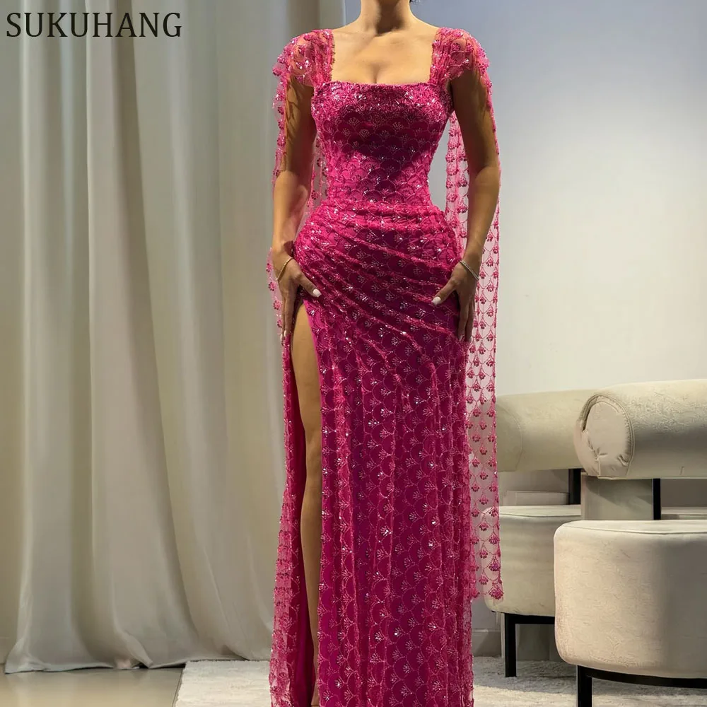SUKUHANG Abiti da sera lunghi a sirena Abiti da ballo sexy con perline fucsia lunghi fino al pavimento personalizzati