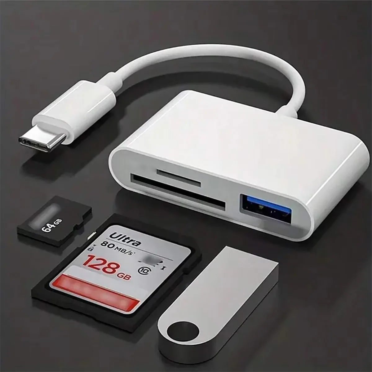 3-in-1 Multi-functional Type-C Card Reader, Compatible with Computer and Mobile Phone/SD/USB Connections.
