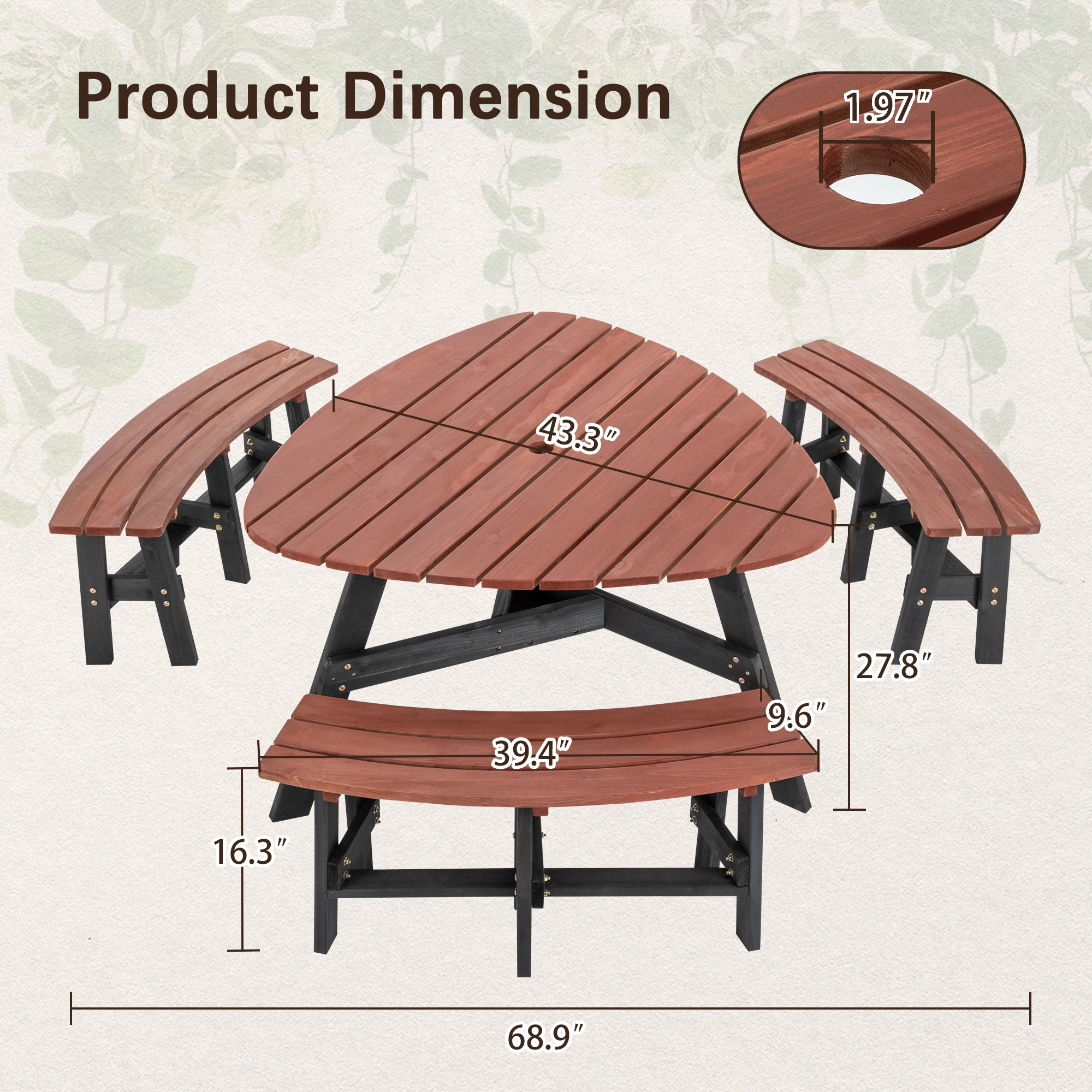 6-Person Semi-Circular Outdoor Solid Fir Wood Picnic Table Set Rustic Brown Tabletop Black Legs Attached Benches Central Umbrella Hole Patio Garden