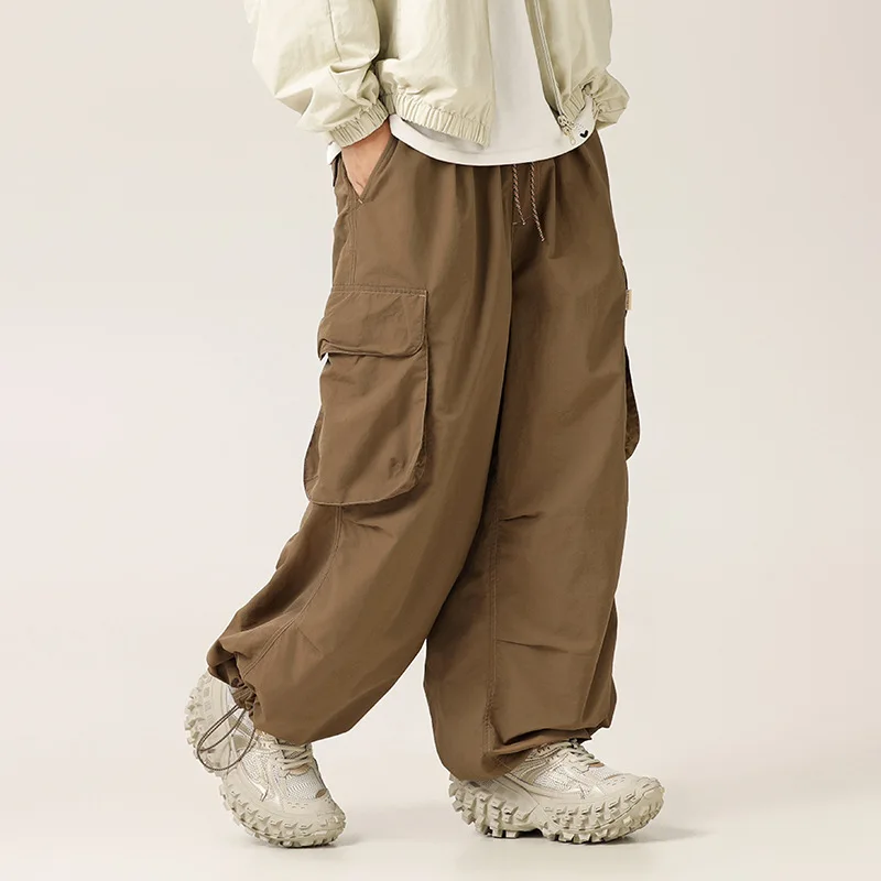 Men American Functional Drawstring Outdoor Mountain Multi-pocket Wide Leg Loose Casual Cargo Pants Women Streetwear Trousers