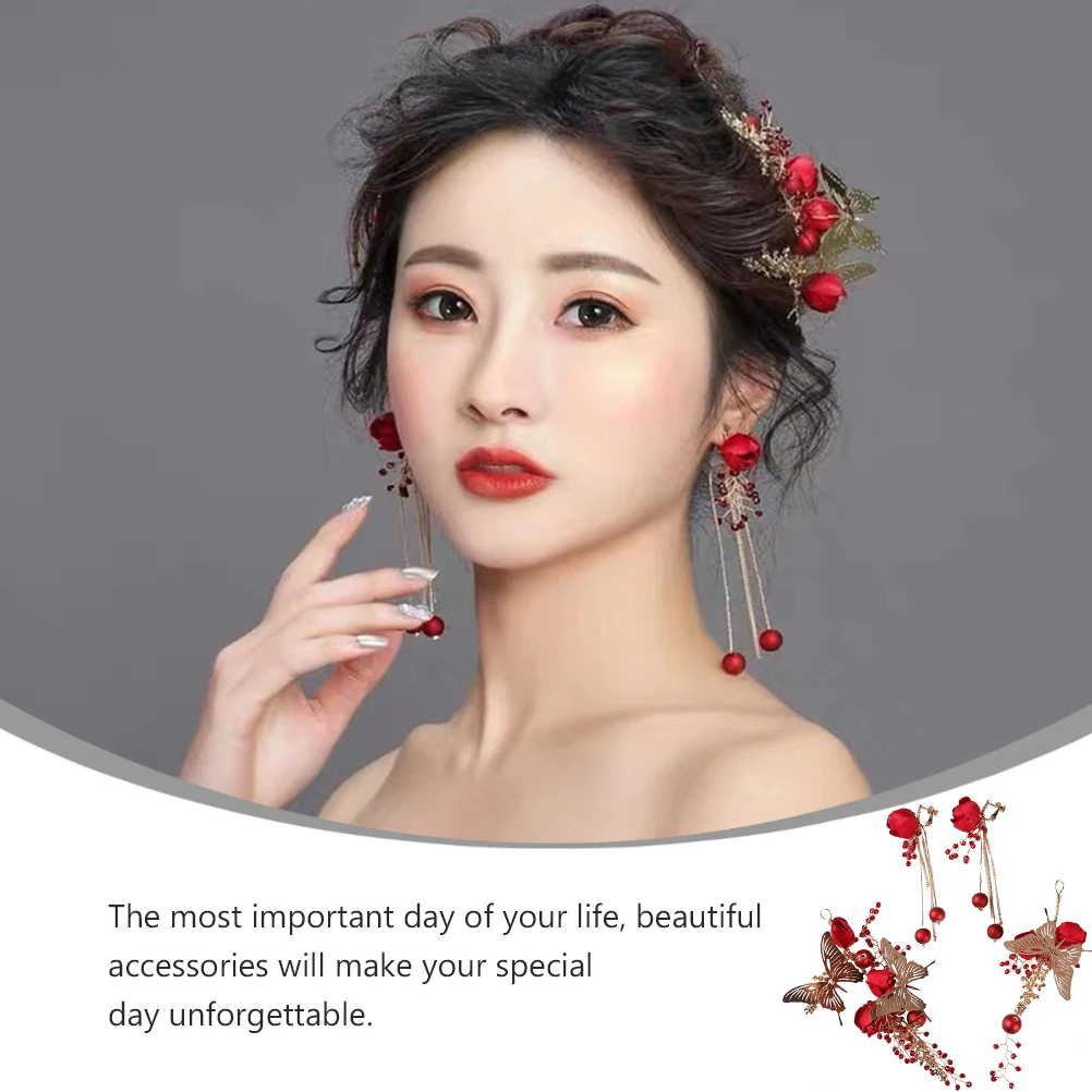 

Red Crystal Golden Butterfly Hair Clip Bridal Headdress Earring Set Wedding Dress Accessories Elegant Jewelry Popular Decorative