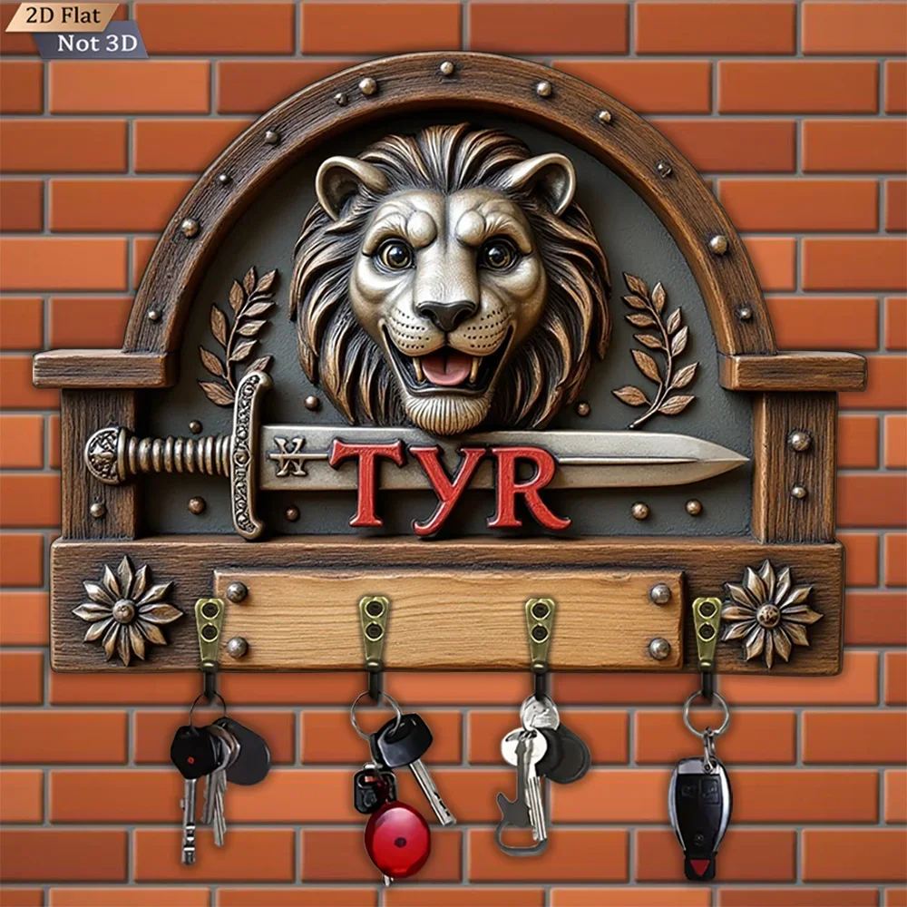 2D Flat, 1pc, Lion Head Sword Pattern Wooden Key Hook Wooden Multifunctional Home Key Hook with Four Metal Hooks, Wall