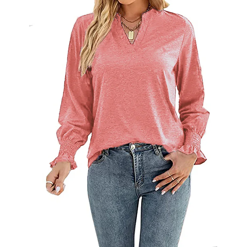 Women Long Sleeve Solid V Neck Pullover Sweater Tops for Spring