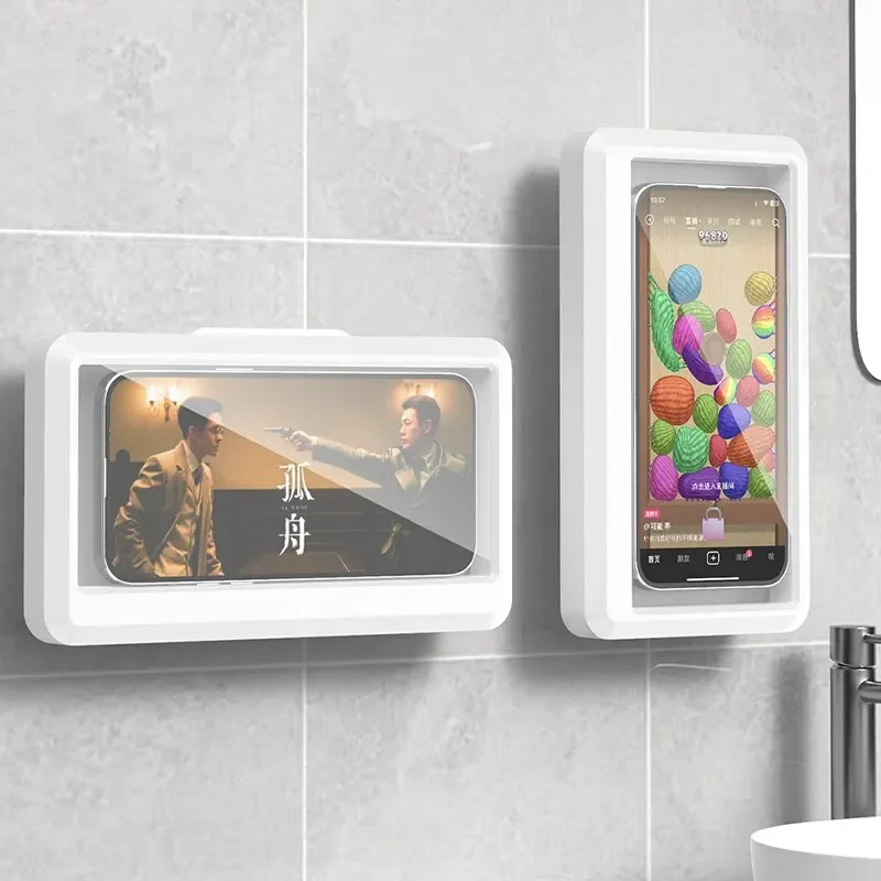 

Hot Sale Waterproof Shower Phone Case Stand Self-Adhesive Touch Screen Wall Mount Storage Box for Bathroom Home