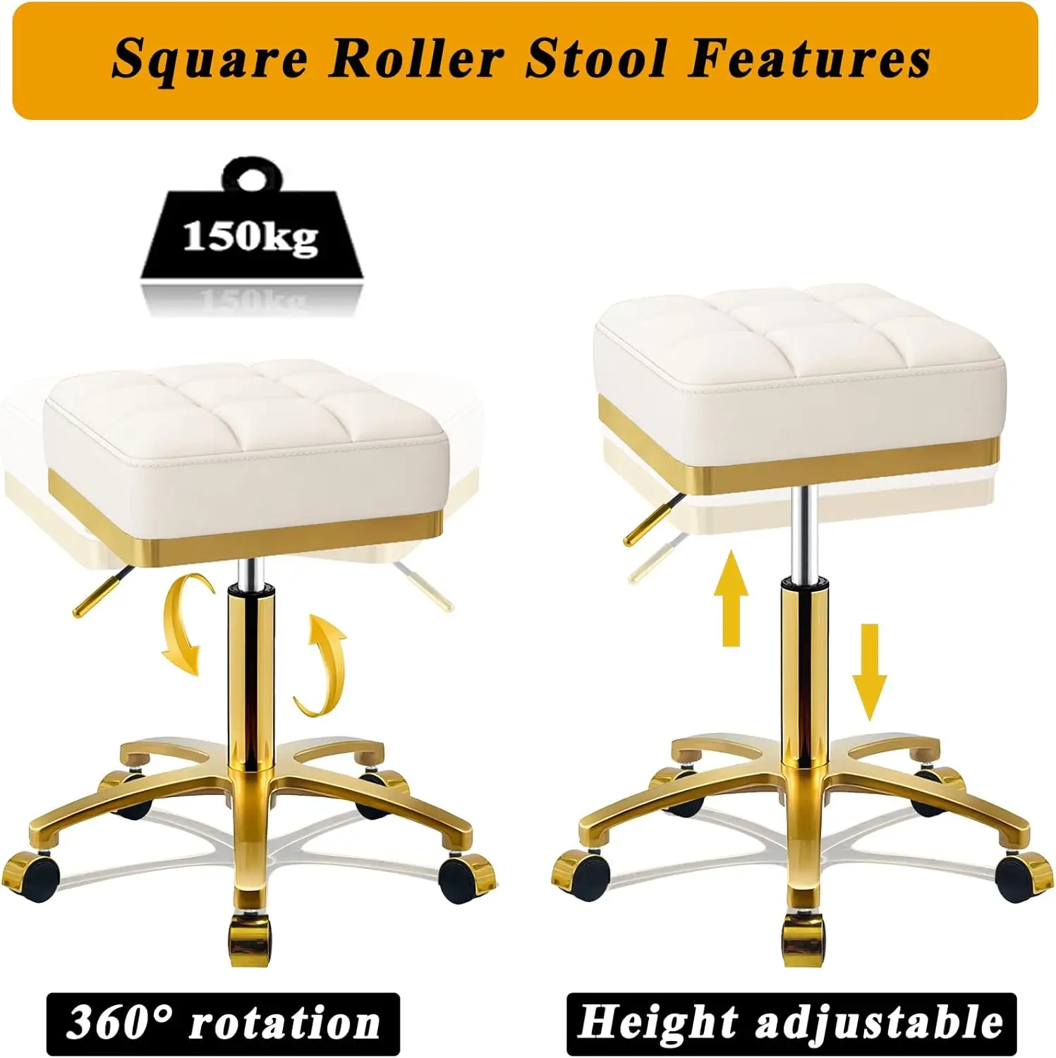 Ajustável Praça Rolling Stool, Banquetas giratórias com rodas, Vanity Lash, Nail Salon, Spa Roller Chair, Massagem Esteticista, Ouro