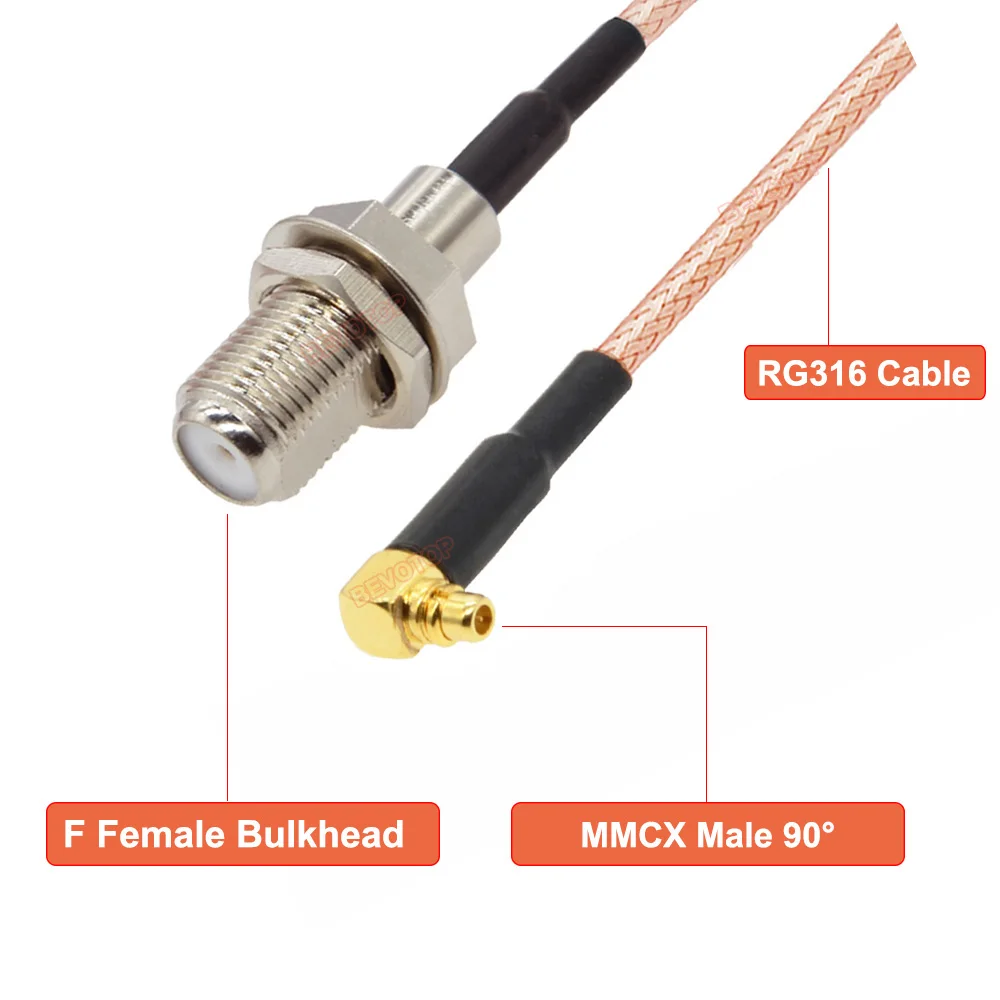 100pcs/lot RG316 Cable F Female to MMCX Male Right Angle 90° Plug 50 Ohm RG-316 Pigtail RF Coaxial Extension Jumper 15CM BEVOTOP