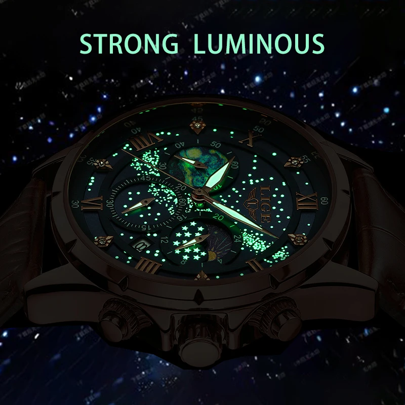 LIGE Luxury Leather Man Watch Quartz Calendar Waterproof Luminous Chronograph Mens Watch Moon Phase Outdoor Sports Men Watches