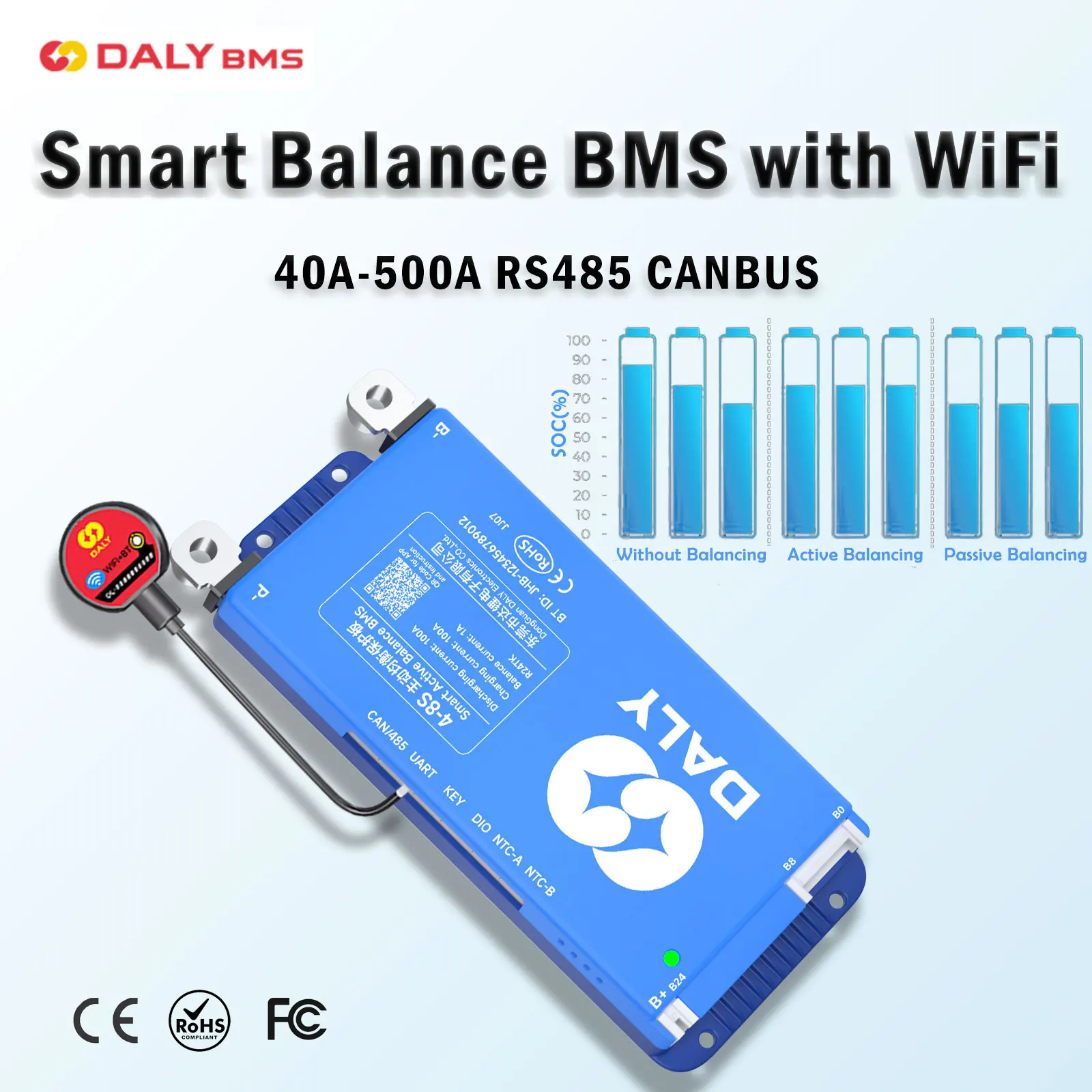 DALY Smart BMS Active Balance BMS Lifepo4 3S 4S 12V 8S 24V 16S 48V 100A 150A 250A 3.2V Li-ion 3.7V LTO Battery RS485 CANBUS WiFi