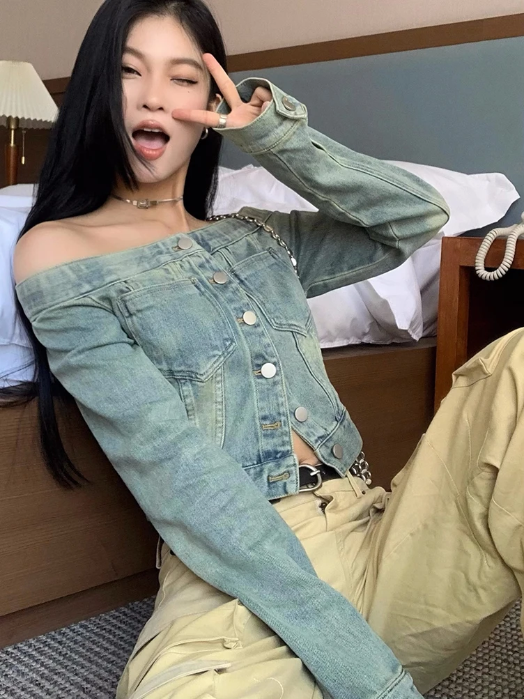 Korean Fashion Off shoulder Button Jeans Shirt Jacket Women Long sleeve vintage Cropped Denim Top Youth Cool Blouse 2023 New