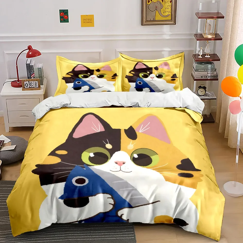 Cute Cat Illustration Decor Set Soft Comfortable Duvet Cover Bedding Set Included 1*Duvet Cover & 2*Pillowcases, gift