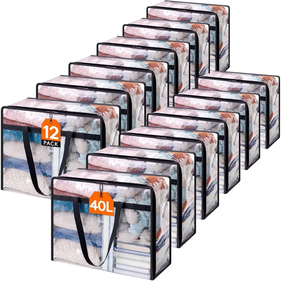 

12 Pack Clear Clothes Storage Bags, 40L Plastic Blanket Storage Bag, Vinyl Foldable Moving Bags with Zipper, Closet Organizers a