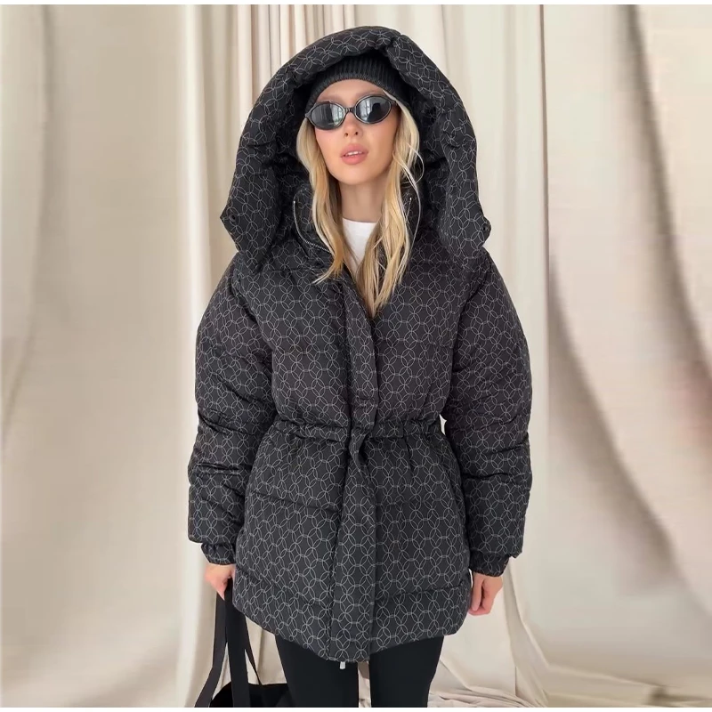 Upgraded Thickened Allover Printed Mid Length Padded Coat Stand Collar Drawstring Waist Windproof 2026 Winter Women Outer Jacket