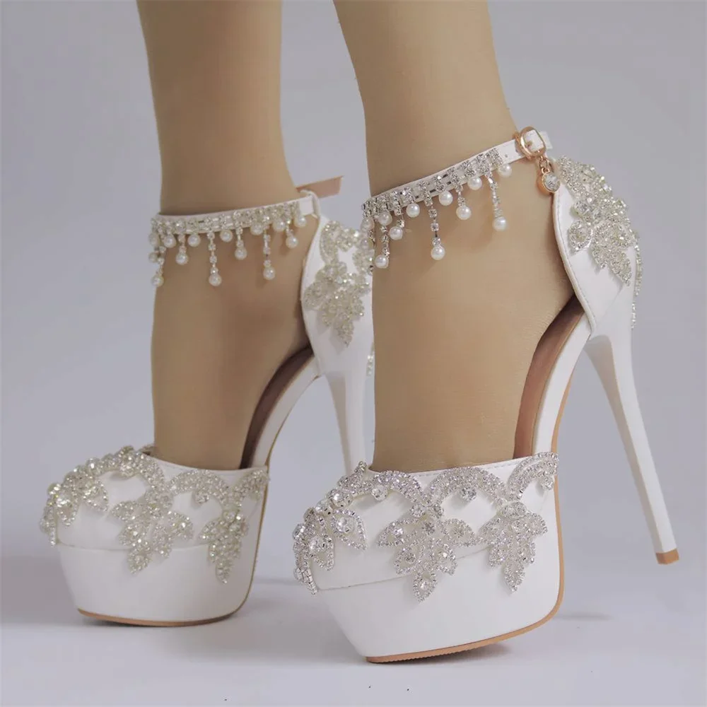 2024 Women Summer Sandals White Round Toe Bridal Wedding Women High Heels Dress Shoes Rhinestone Ankle Straps