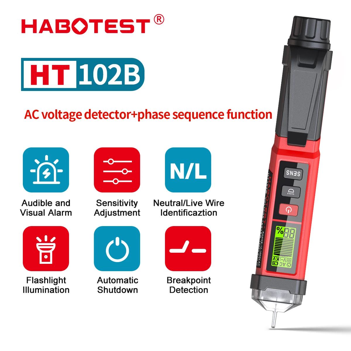 HABOTEST HT102B Berührungsloser Spannungsprüfer mit Dualbereich AC 12V-1000V/70V-1000V Elektrischer Tester LCD-Display Buzzer-Alarm