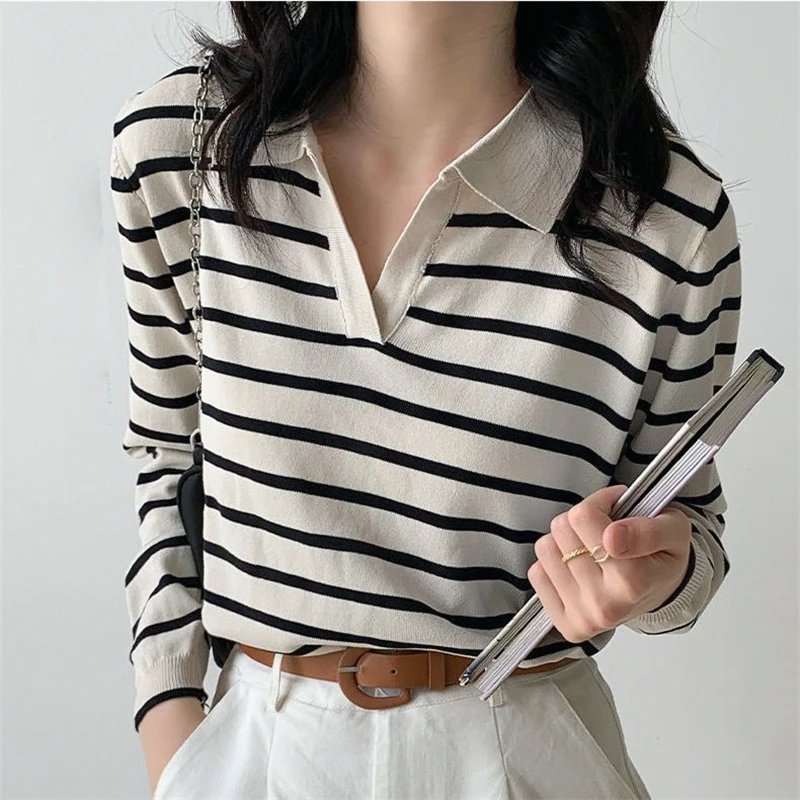  Shirt V-Neck Knitted Stripe Base Long Sleeve T-Shirt Spring Autumn New Loose Thin Fashion Top Women's Casual Cotton Poly...