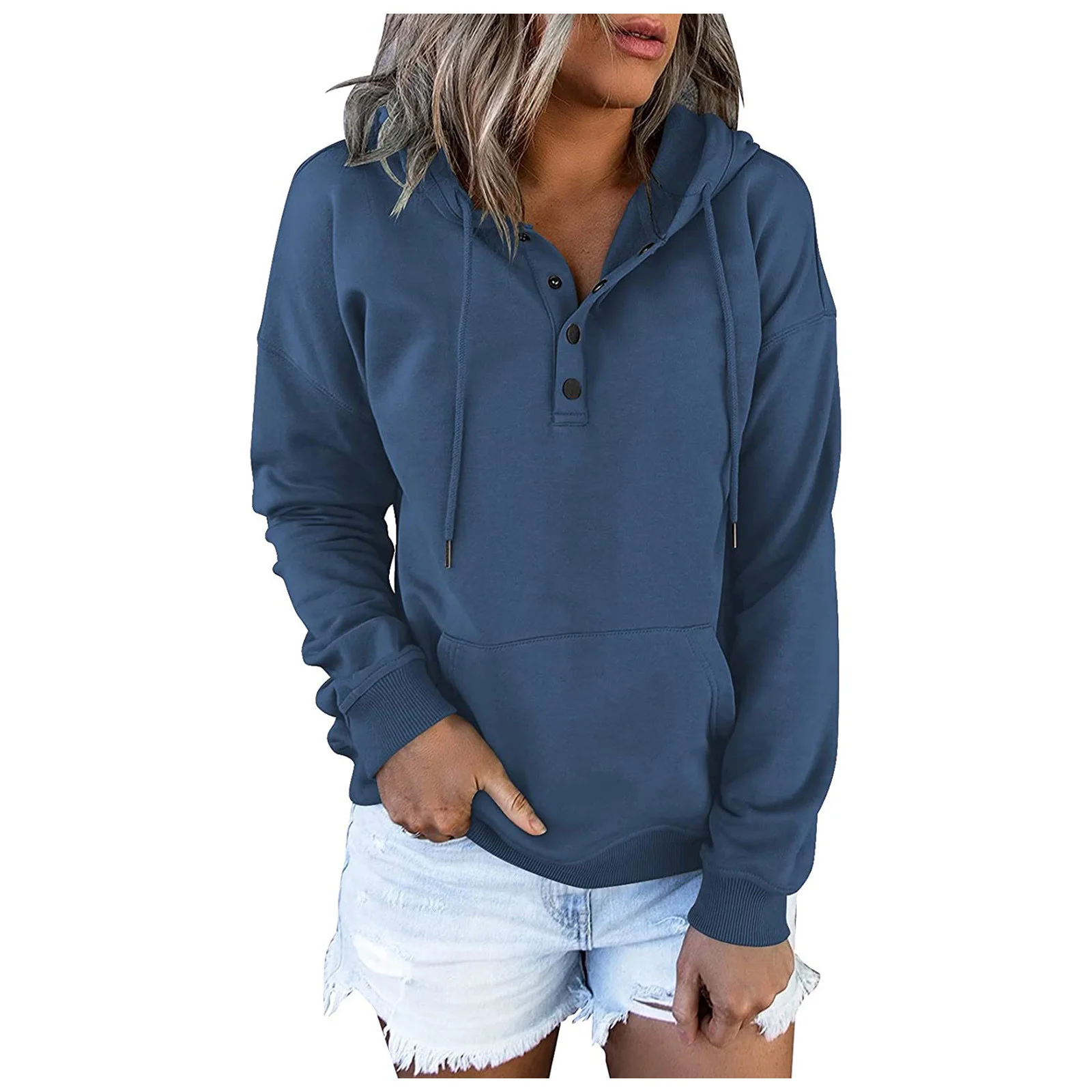 Fashion Trend Long Sleeve Loose Casual V-collar Button Hooded Drawstring Pocket Hoodie