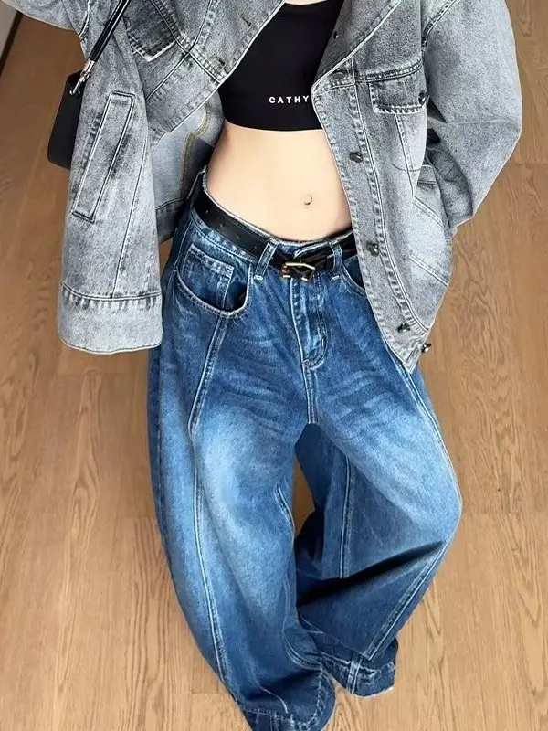 High Waist Wide Leg Blue Denim Jeans Women's Loose Fit Slimming Pants Autumn Winter plus Size Pear Shape Body Retro Style