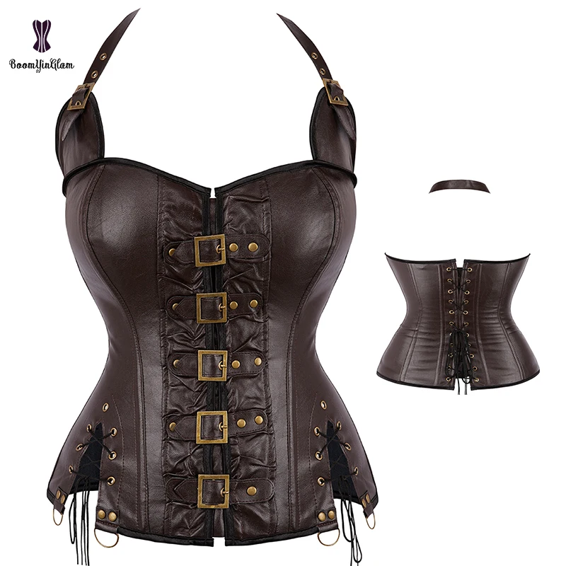 Black Brown Buckle Up Halter-neck Overbust Corselet Steampunk Clothing 10 Glue Boned Thin Leather Corset For Women With Zipper