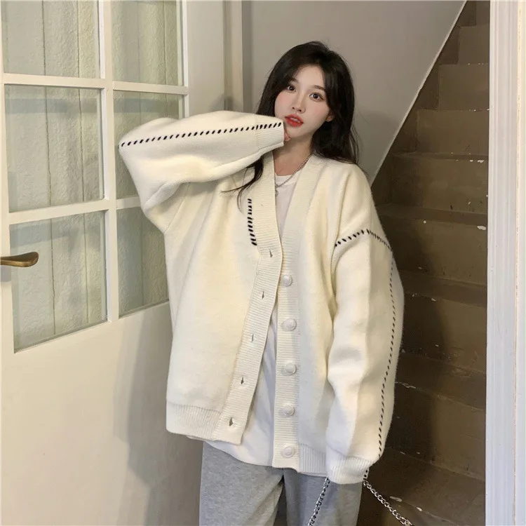 

Korean Knitted Coat Slim And Lazy Style Autumn Splicing Winter Fashionable Casual Loose Sweater Long-sleeved V-neck Cardigan