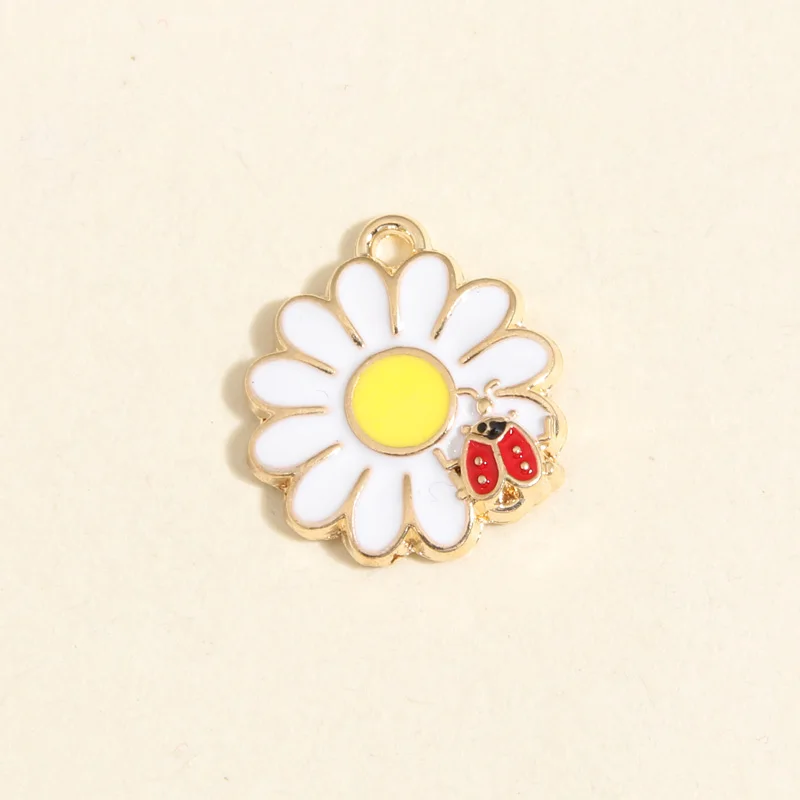 10pcs Gold Color 18x16mm Cute Flower Ladybug Charms Enamel Pendant Fit Necklaces Earrings Jewelry Making Handcrafted Accessories