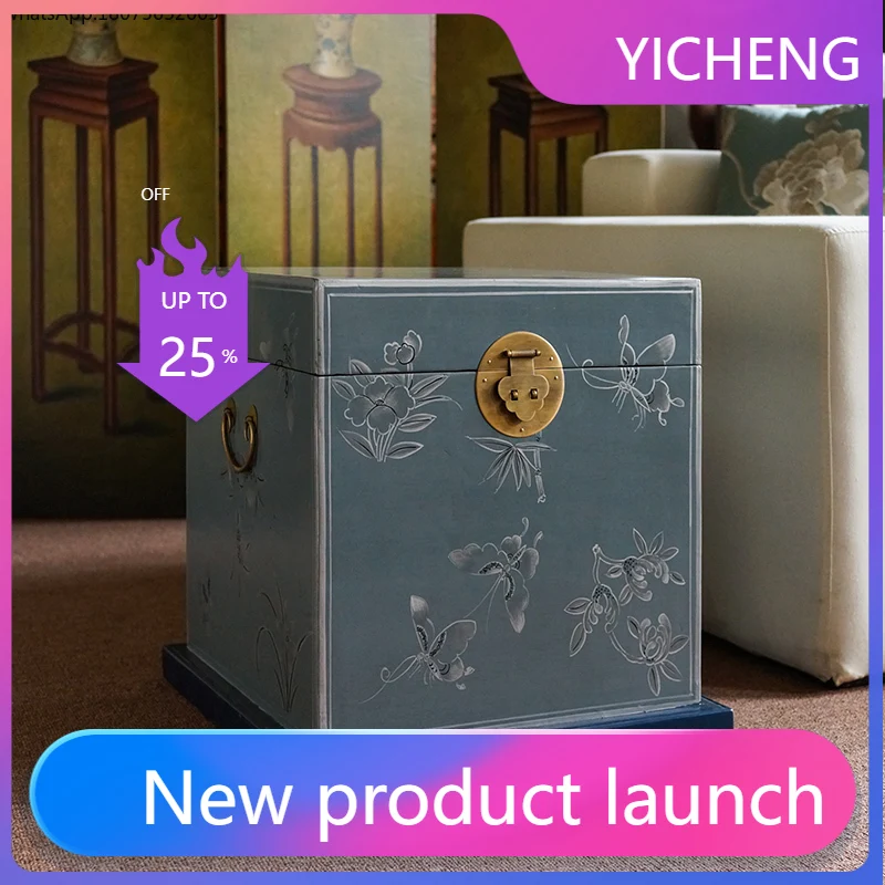 LYY  New Chinese Style Solid Wood Living Room Square Creative Hand-painted Bedroom Side Cabinet Side Table Small Coffee Table
