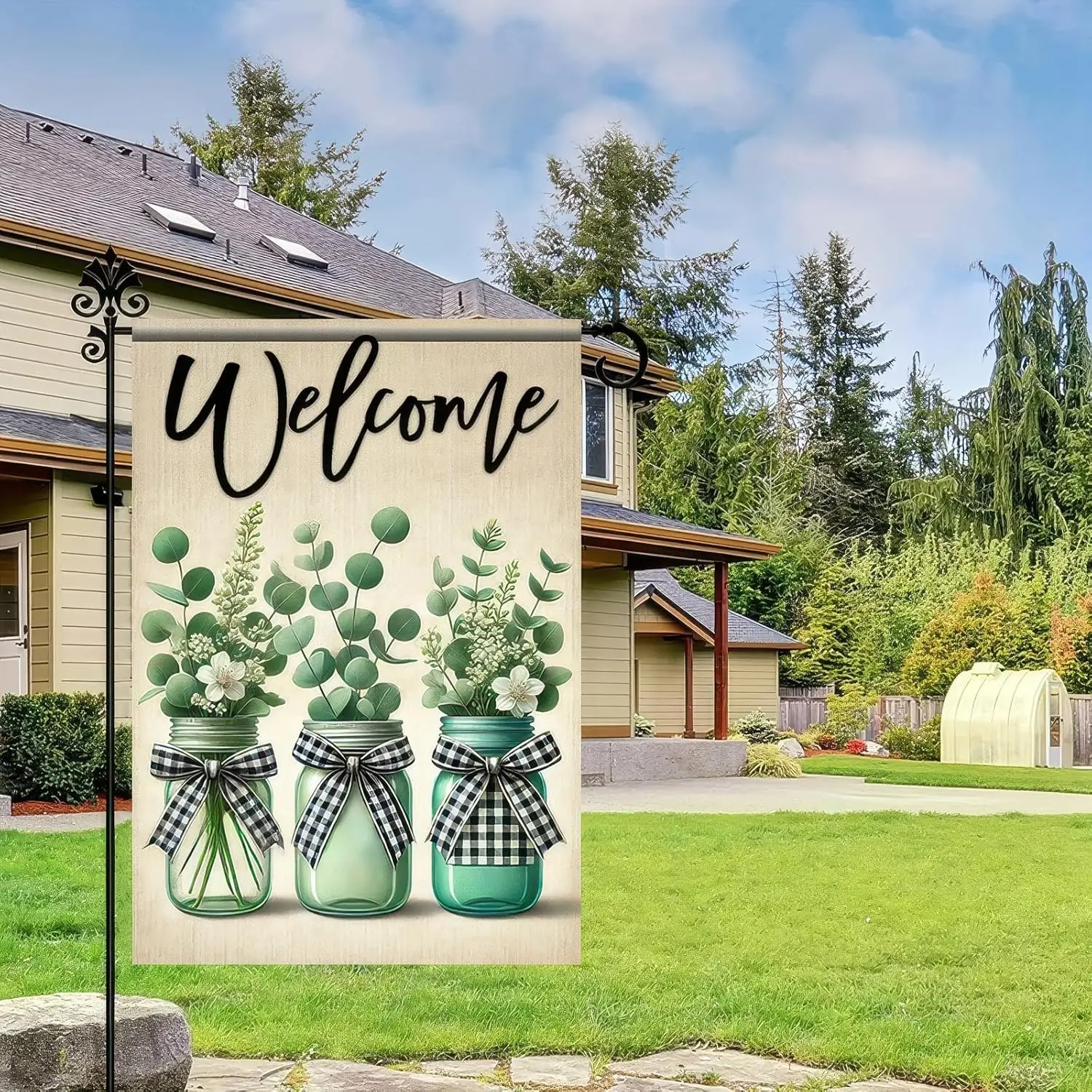 12x18 Inch Double Sided Hello Spring Summer Garden Flag - Eucalyptus & Mason Jar Green Outdoor Gardening XAA UUV EEU SSL