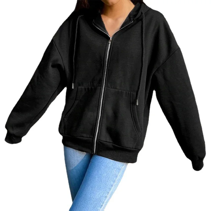 Hoodies women 2026 casual new solid-color hooded fleece sweatshirt long-sleeved jacket loose zipper top women's clothing