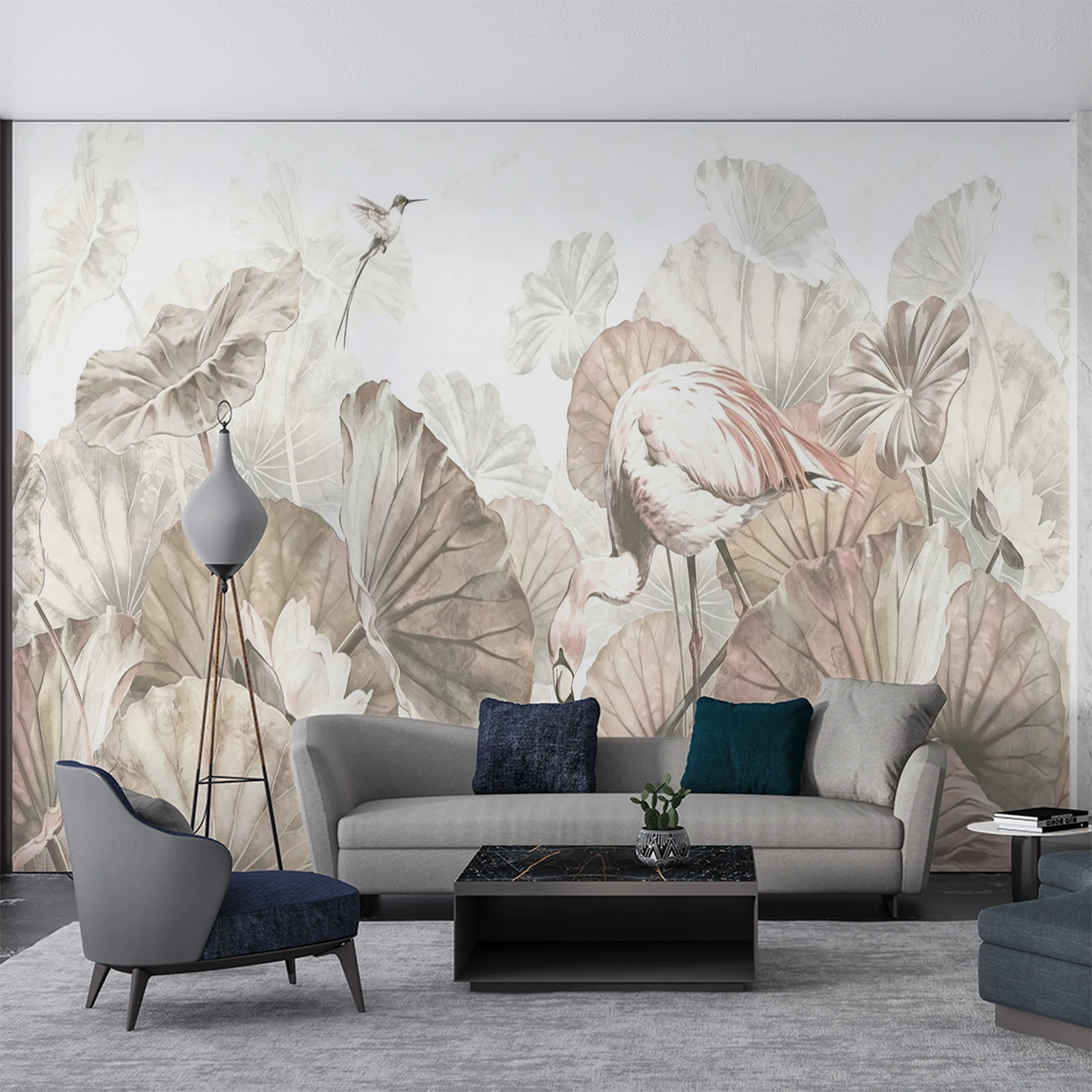 Custom 3D Watercolor Flamingo Lotus Wall Mural Vintage Hummingbird Botanical Leaf Wallpaper for Bedroom Living Room Home Decor