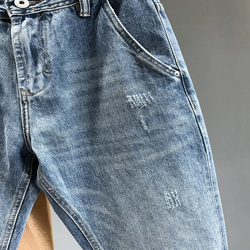 New Frayed Jeans Men Baggy Personality Tapered Casual Pants Streetwear Hip Hop Vintage Blue Denim Trousers Male Trendy Brand