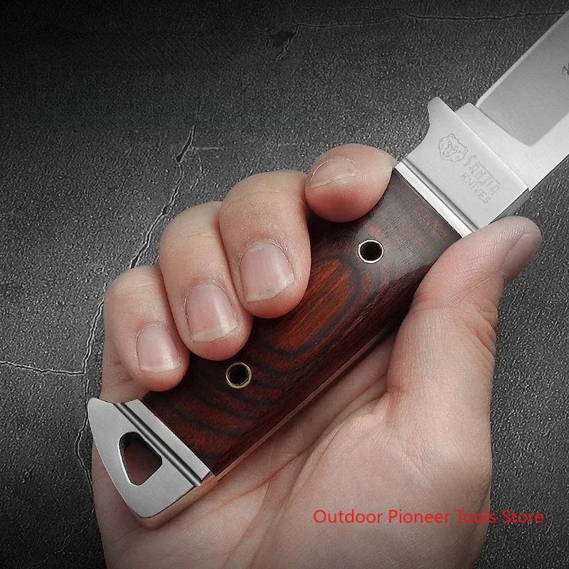 New outdoor red mahogany handle pocket knife, high hardness 5CR13 steel straight knife, camping and hunting self-defense knife