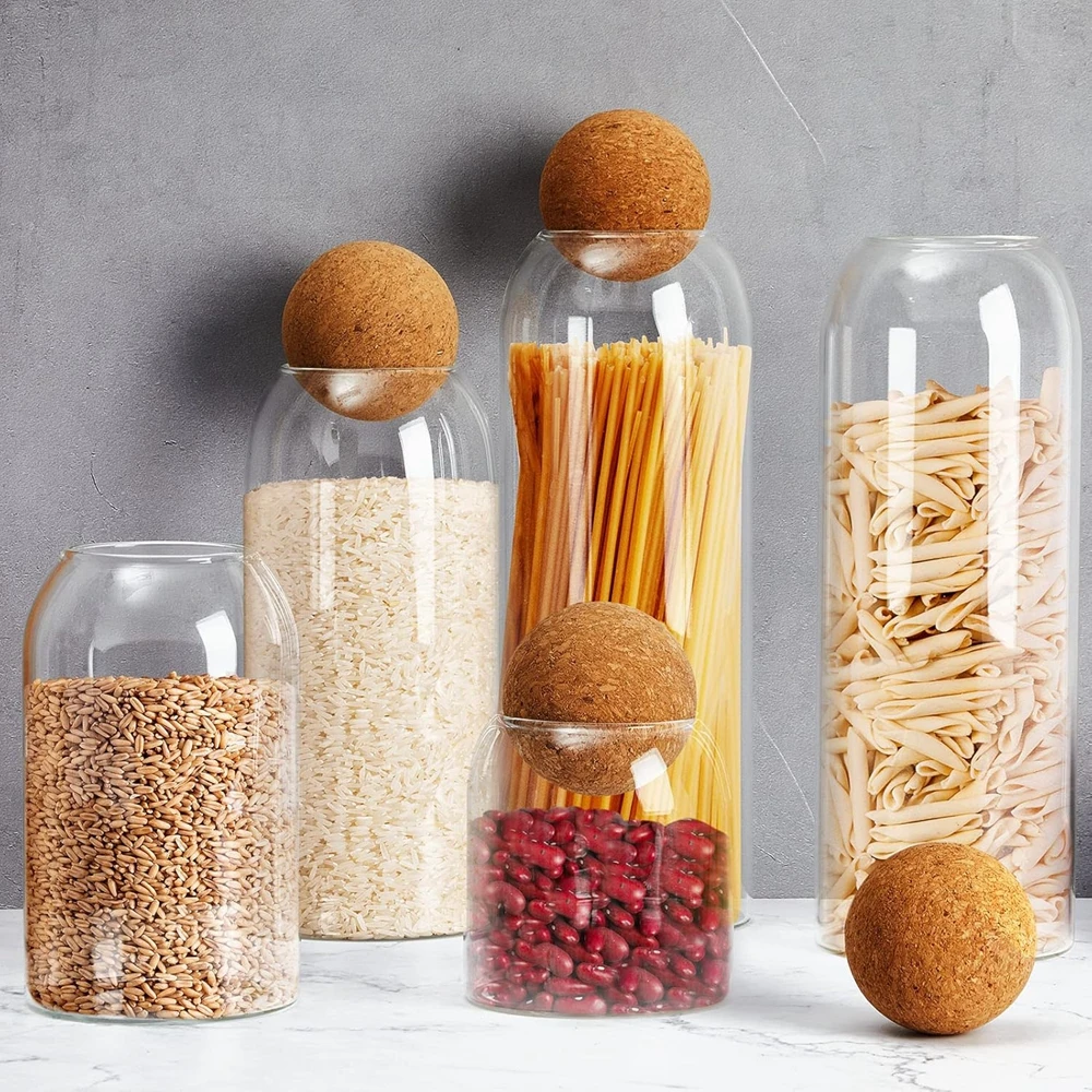 Glass Storage Containers with Ball Cork Cute Decorative Organizer Bottle Canister Jar with Wood Lid for Food Coffee Glass Bottle