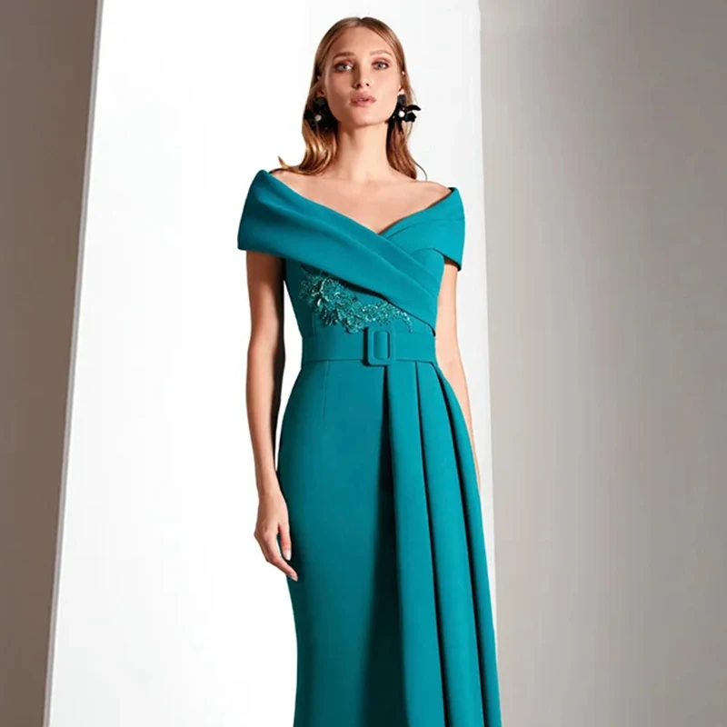 المرأة البط البري خارج الكتف الخامس الرقبة ثوب مسائي حورية البحر الطابق طول فستان أم العروس الدانتيل التطريز الكرة ثوب #3