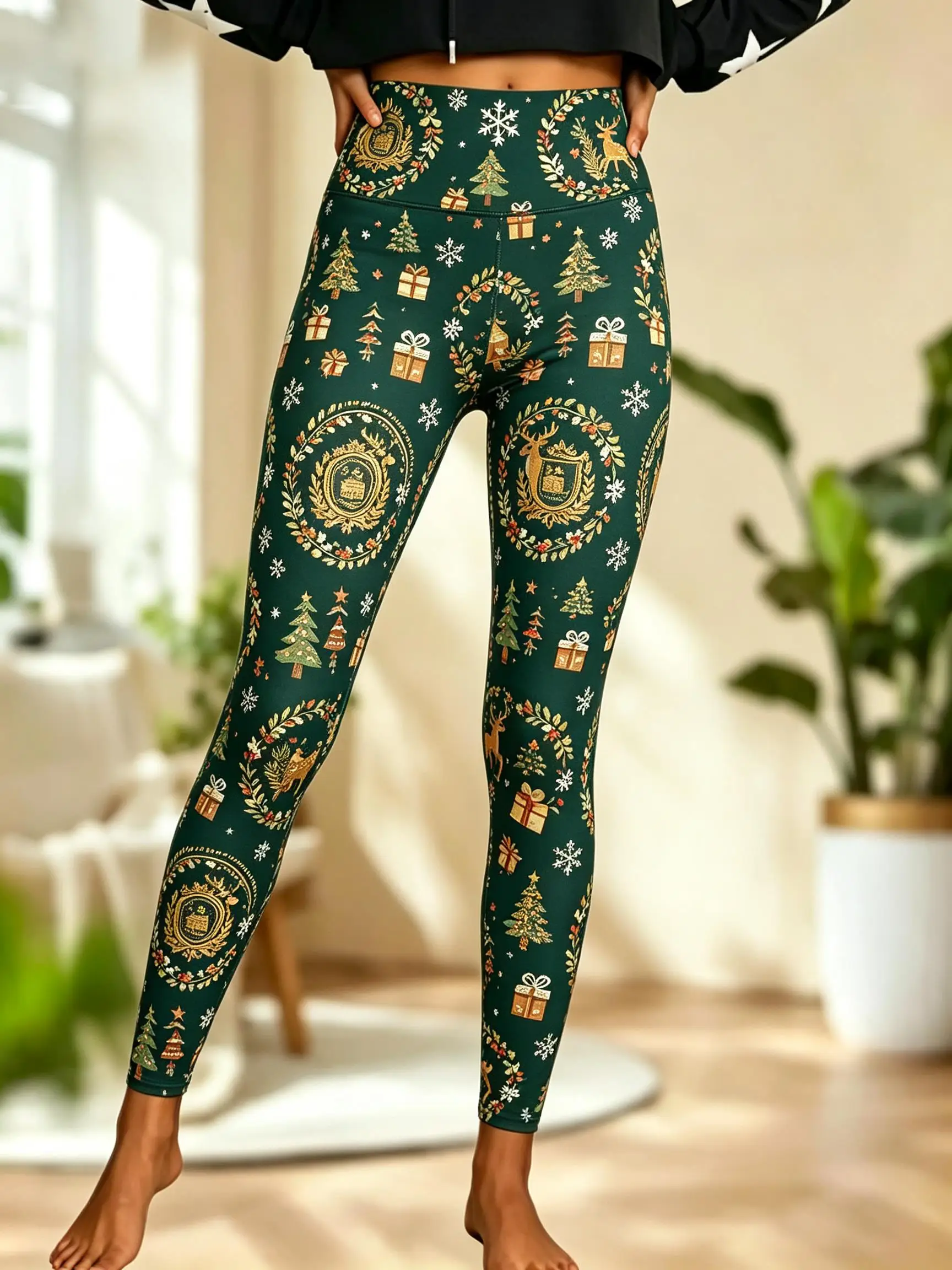 Women Fleece‑Lined Mid‑Rise Leggings Christmas Wreath Xmas Tree Gift Reindeer Snowflake Print Slim Warm Pants