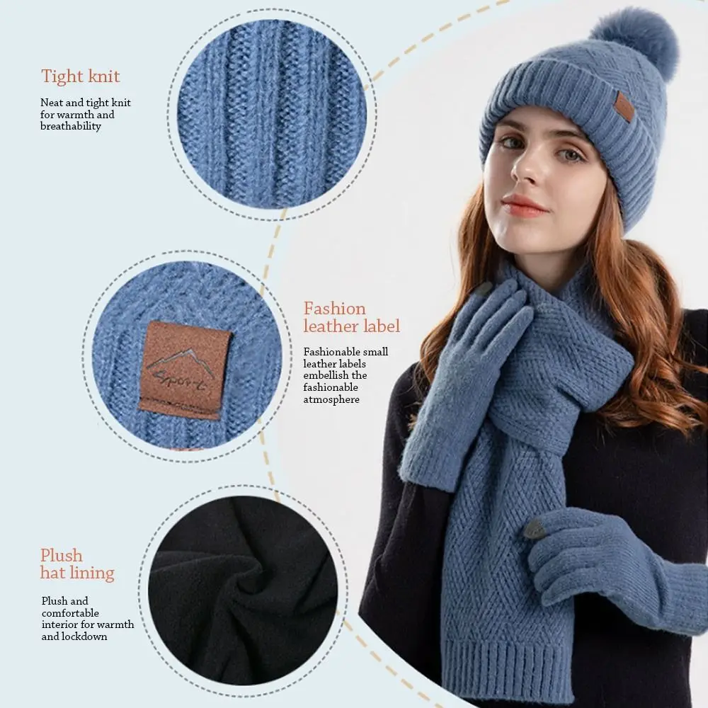 3Pcs/Set Winter Touchscreen Knitted Hat Neck Protection Soft Scarf Gloves Set Warm Outdoor Scarf Cap Men Women