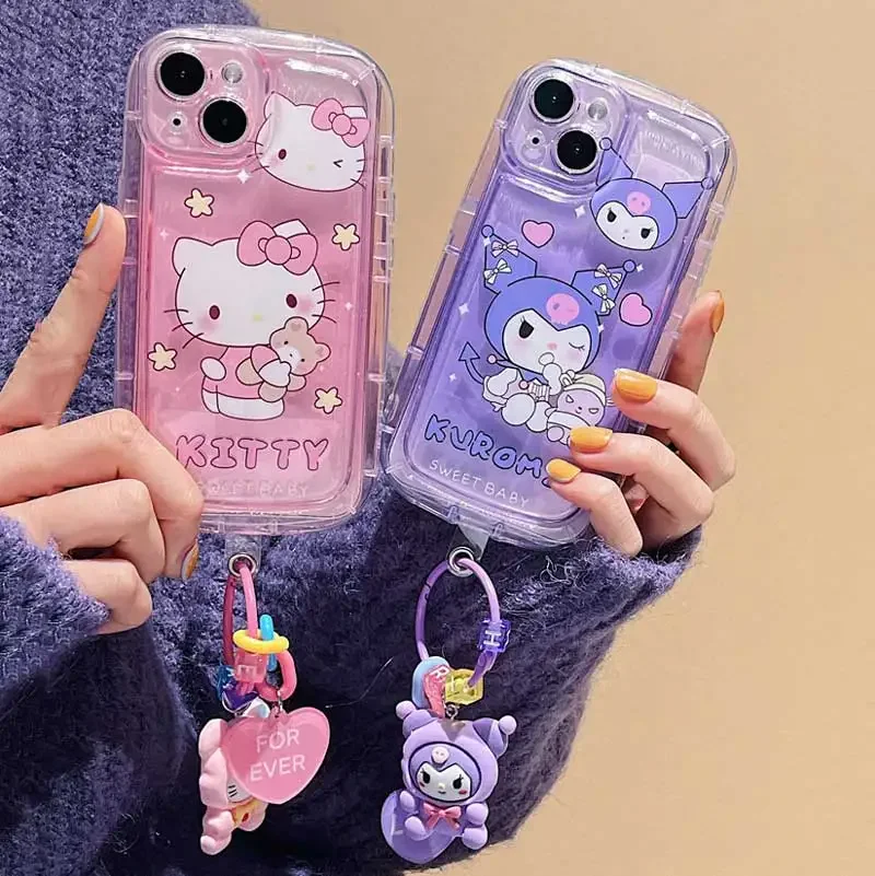 Funda de teléfono con cadena de perro 3D Kuromi, bonita funda suave transparente con dibujos de Hello Kitty para iPhone 16 15 14 Pro Max Plus 11 13 12 Mini Pro Max