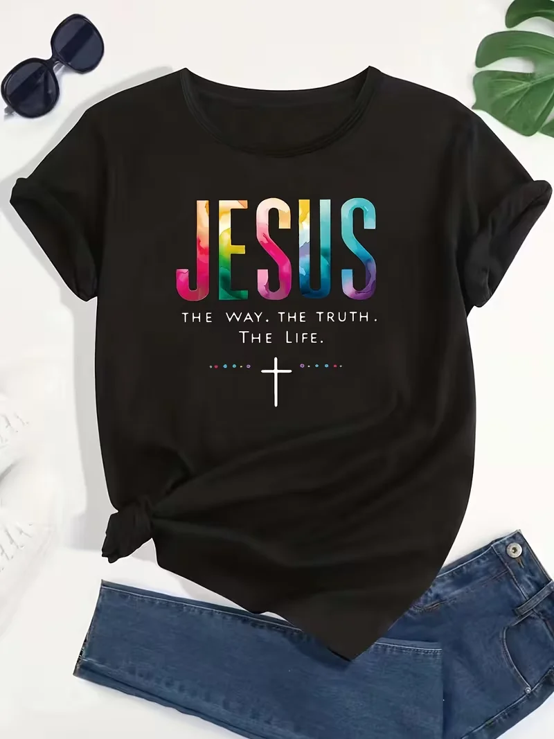 T-shirt décontracté pour femme avec imprimé lettres colorées - Design « Jesus, la voie, la vérité, la vie », confort toutes saisons, t-shirts pour femmes