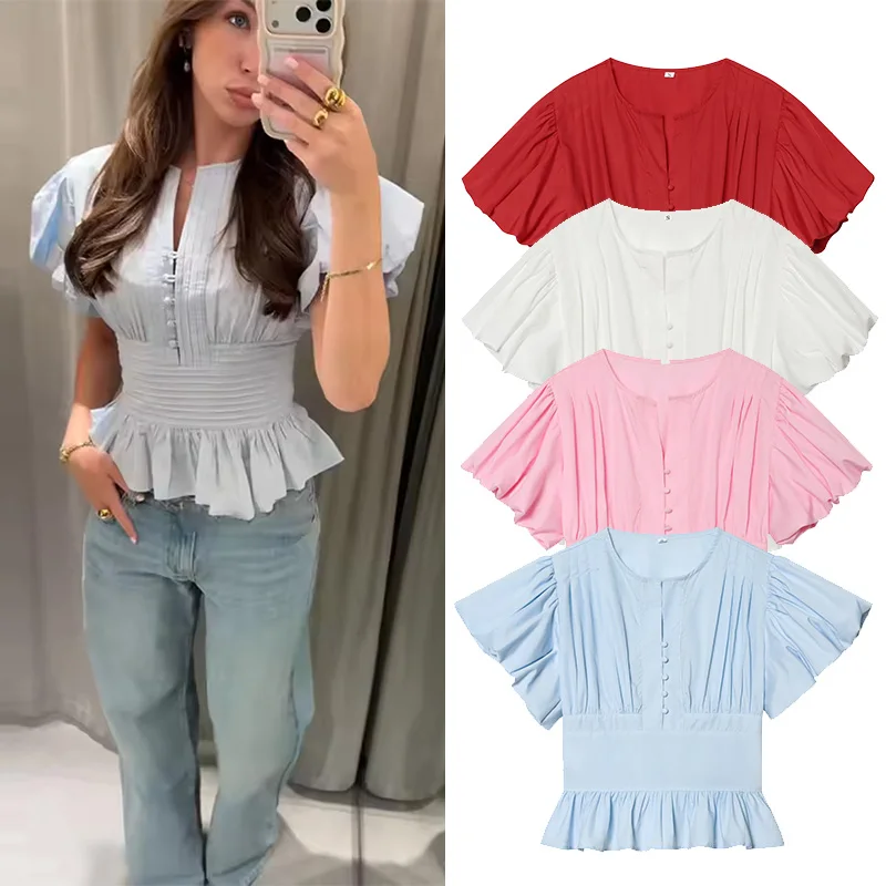 

Women's Puff Sleeve Blouse New 2026 Spring Summer Vintage Simple O Neck Button Women Pintuck Shirts & Blouses Chic Female Tops