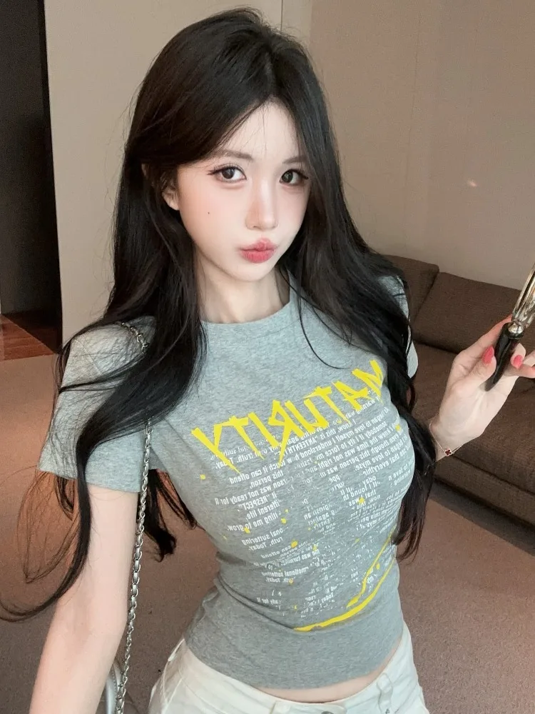 

Korean Style Hot Girl Letter Print round Neck Short Sleeve T-Shirt Women Summer New Street Fashion Slim Fit Short Top