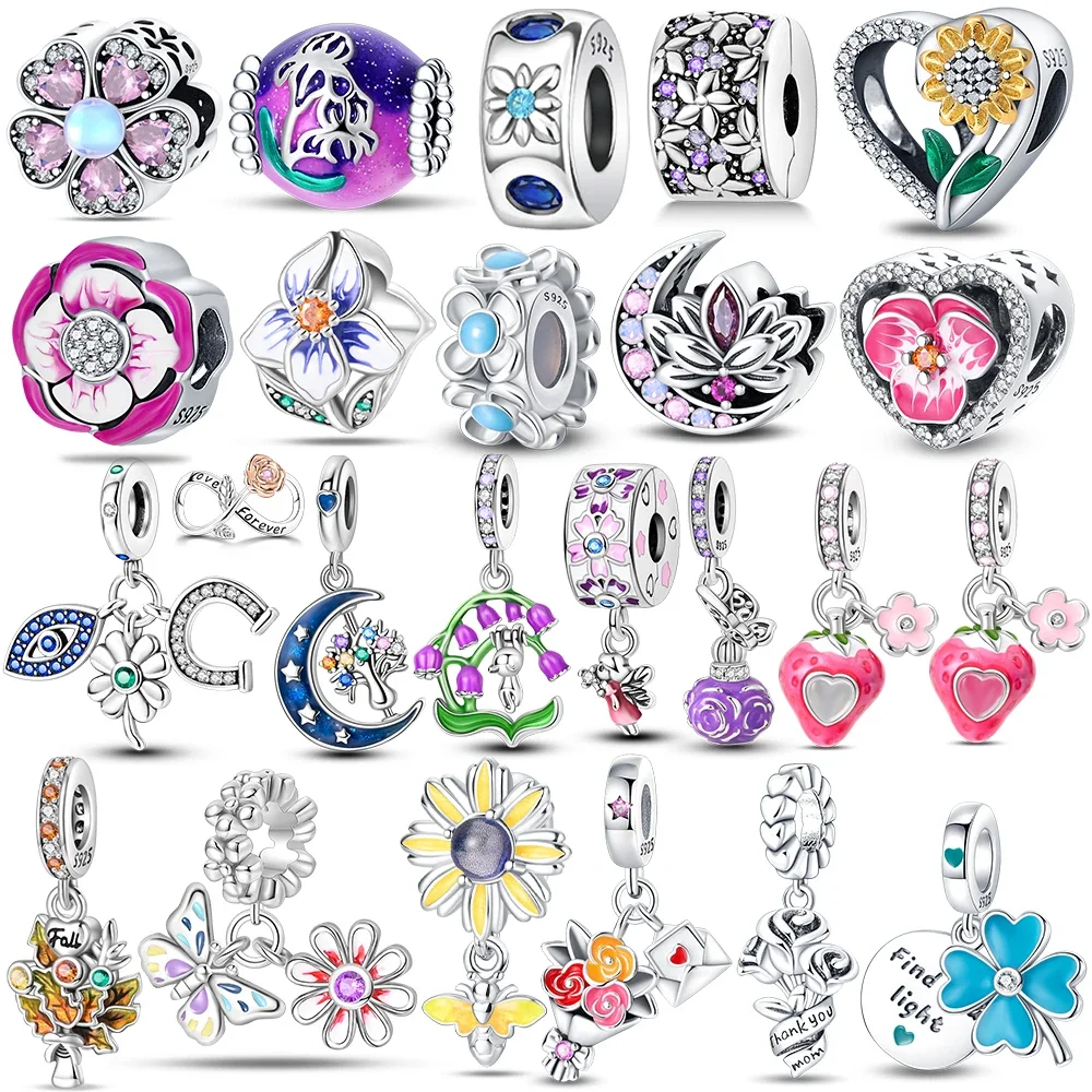 

925 Sterling Silver Pink Flower Charm Beads Fit Original Bracelets Bag Keychain Charms Beads Pendant Diy Women Jewelry Gift