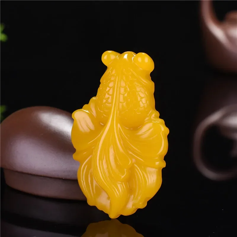 Chinese Jade Yellow Hand Carved Goldfish Pendant Fashion Boutique Jewelry Men's and Women's Fish Necklace Gift